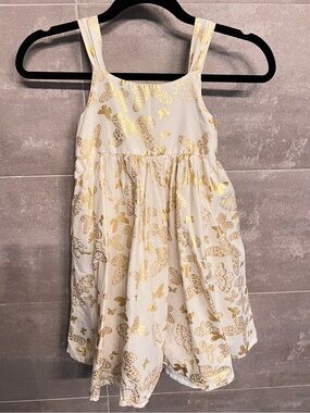 Girls Cream Dress with Gold Butterfly Print